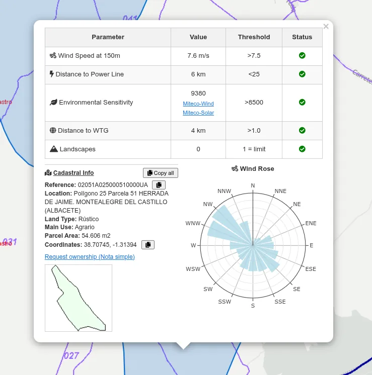 WindSense express evaluation: wind at 150 m, distance to power line, environmental sensitivity, distance to turbines and landscape with their thresholds, plus cadastral card and wind rose