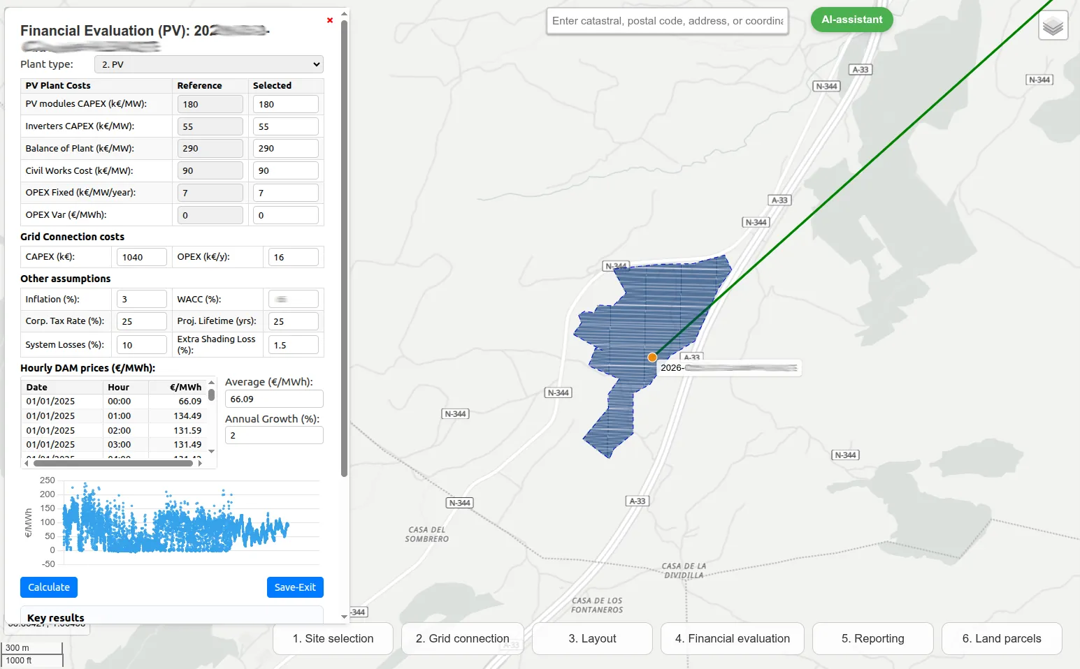 Financial evaluation of a PV plant in WindSense: itemised CAPEX, grid connection cost, hourly day-ahead prices and the plant with its evacuation line on the map
