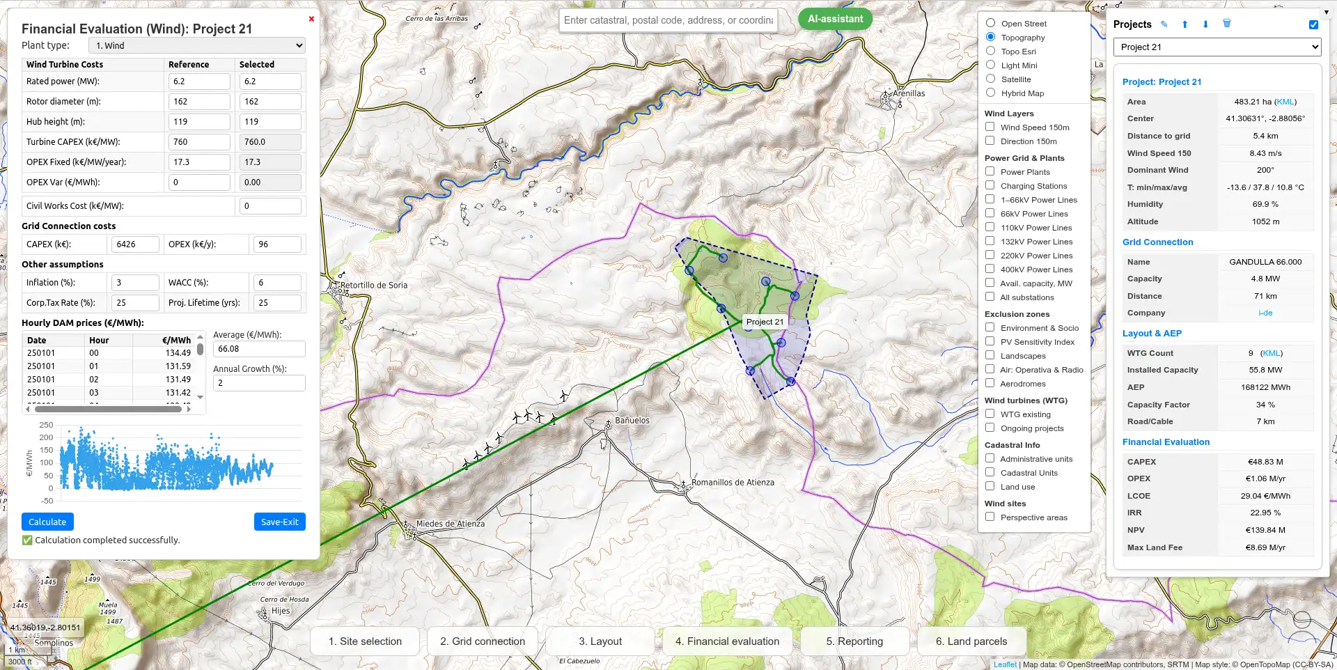 WindSense: evaluación financiera de un parque eólico sobre mapa topográfico, con subestación de conexión, layout de aerogeneradores y resultados de LCOE, TIR y VAN