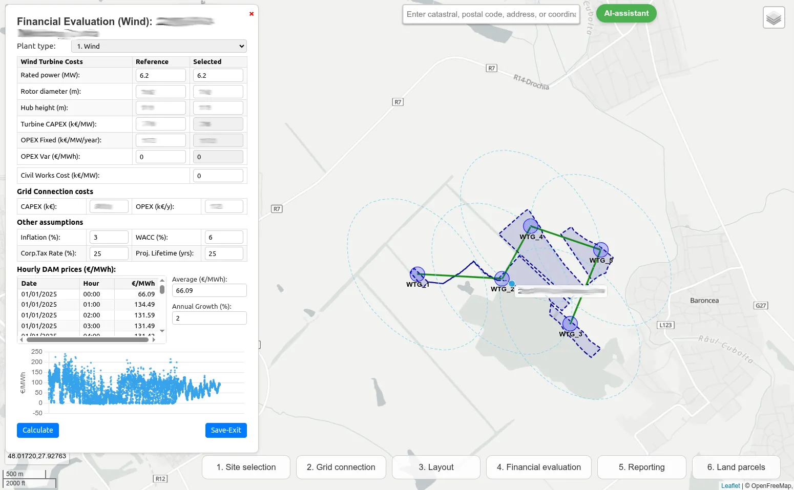 WindSense: financial evaluation of a wind farm with five turbines and their internal cable network on the map, with CAPEX, OPEX, hourly day-ahead prices and grid connection cost