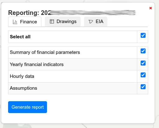 WindSense reporting module with finance, drawings and EIA tabs and content selection before generating the report