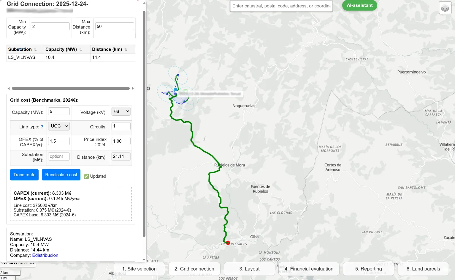 Grid connection in WindSense: substation with available capacity, a 21 km evacuation route traced on the map and the estimated cost of line and substation
