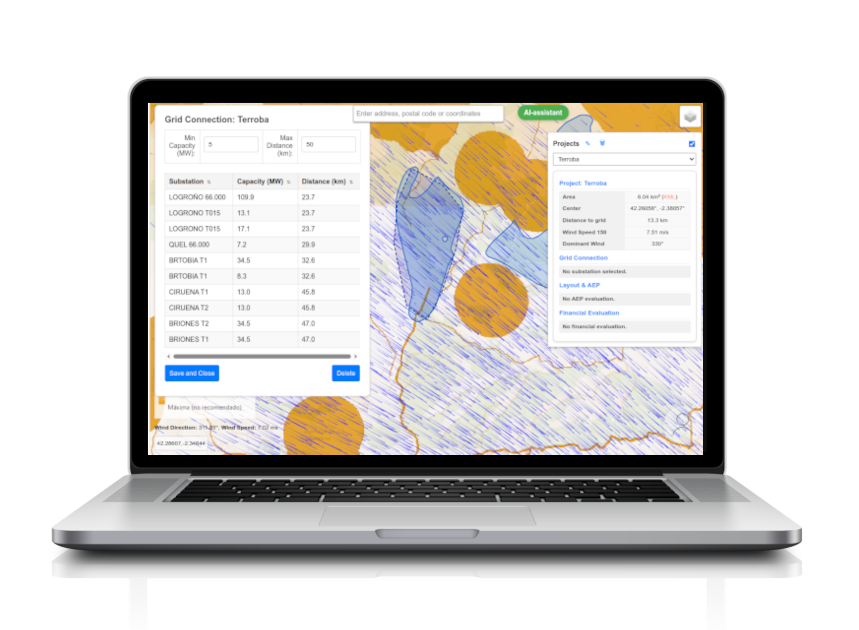 Tabla de subestaciones con capacidad de acceso en MW y distancia en km para el proyecto Terroba, sobre el mapa de WindSense