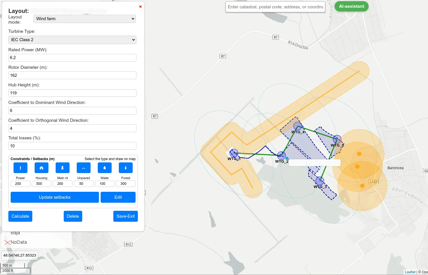 Layout de nueve aerogeneradores en el proyecto Alatoz (Albacete) con la red interna de cables y el panel de evaluación financiera de WindSense