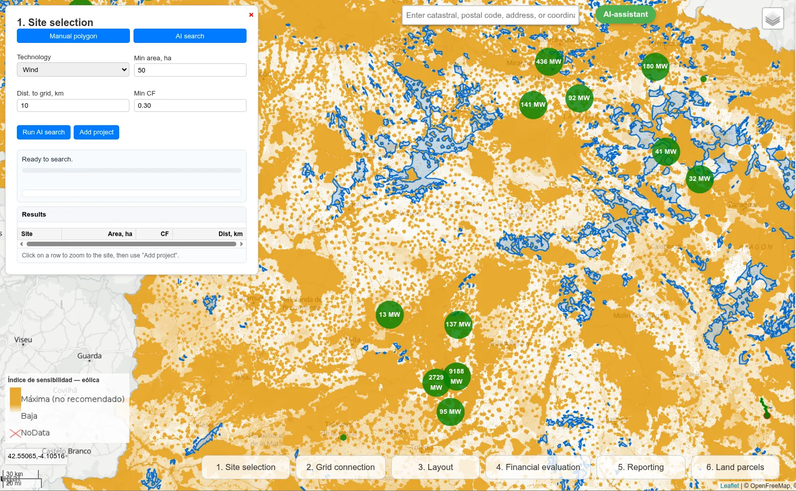 AI-assisted wind site search in WindSense over the environmental sensitivity index: candidate zones marked on the map with their estimated capacity in MW