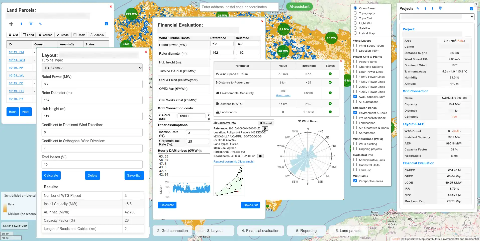 Gestión de parcelas en WindSense: lista de fincas con propietario y estado, ficha catastral con rosa de vientos y evaluación financiera del proyecto