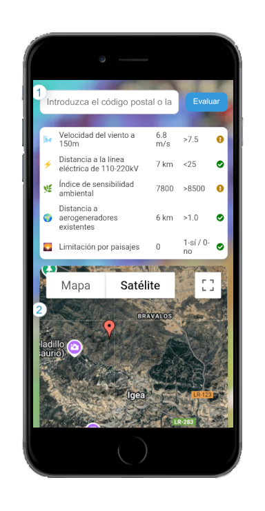 Evaluación exprés de un terreno en el móvil: velocidad del viento, distancia a la línea eléctrica, sensibilidad ambiental, aerogeneradores existentes y paisaje, con umbrales